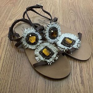NEW! Kate Spade New york brown fringe rhinestone leather strappy sandals 6.5